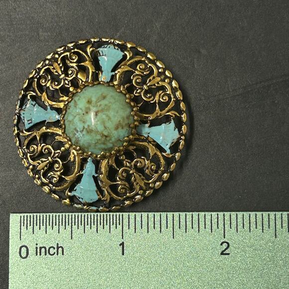 Antique Art Deco Brooch Filigree Faux Turquoise Stone Enamel Accents W. Germany - Picture 4 of 4